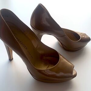 Peter Kaiser patent peep toe (pearly gold) low platform dress shoe.